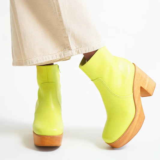Yellow Platform Round Toe Chunky Heel Zipper Short Clog Boots