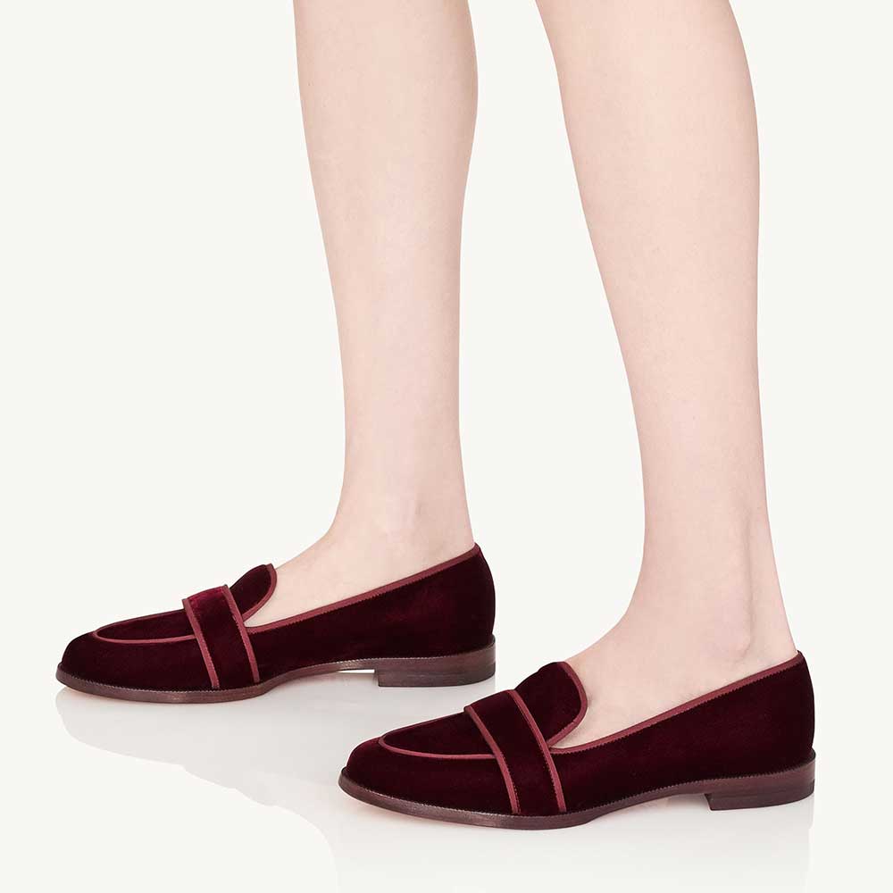 Maroon Velvet Round Toe Chunky Heel Slip-On Loafers