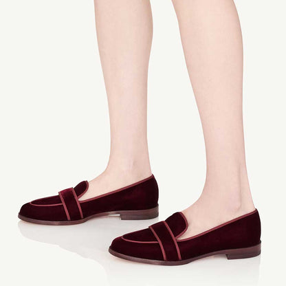 Maroon Velvet Round Toe Chunky Heel Slip-On Loafers