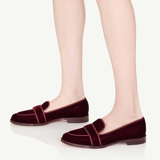 Maroon Velvet Round Toe Chunky Heel Slip-On Loafers