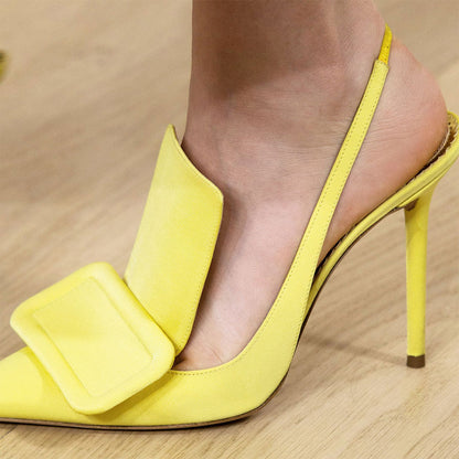 Yellow Stiletto Heels Slingback Pumps with Oversized Square Buckle
