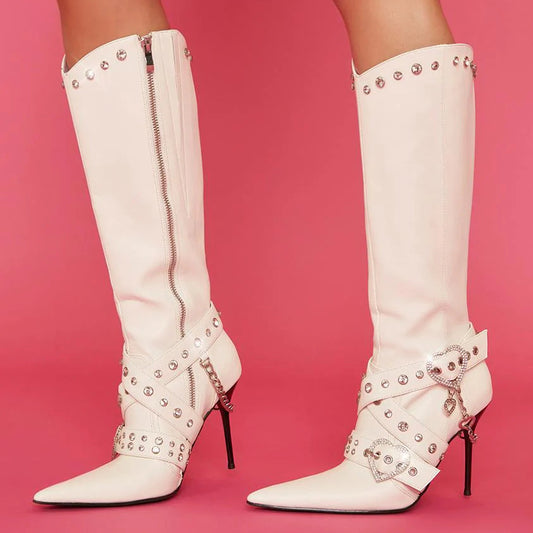 White Pointed Toe Studded Heart Buckle Stiletto Knee High Boots