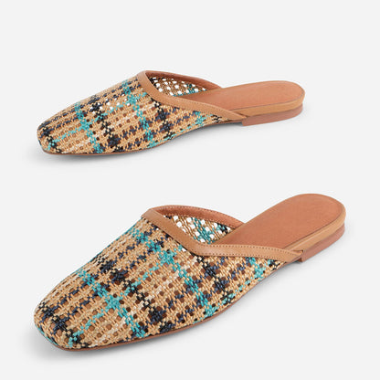 Colorful Woven Square Toe Cut-Out Flat Mule Shoes for Women