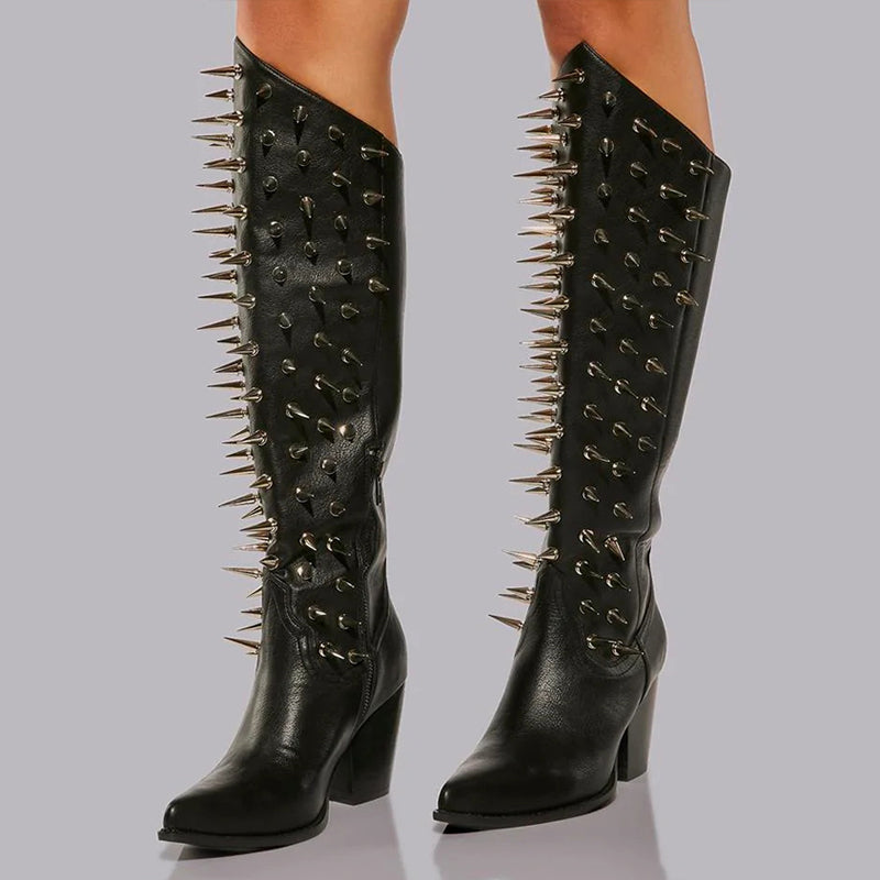 Stylish Black Pointed Toe Rivets Detail Chunky Heel Knee High Boots