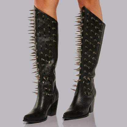 Stylish Black Pointed Toe Rivets Detail Chunky Heel Knee High Boots