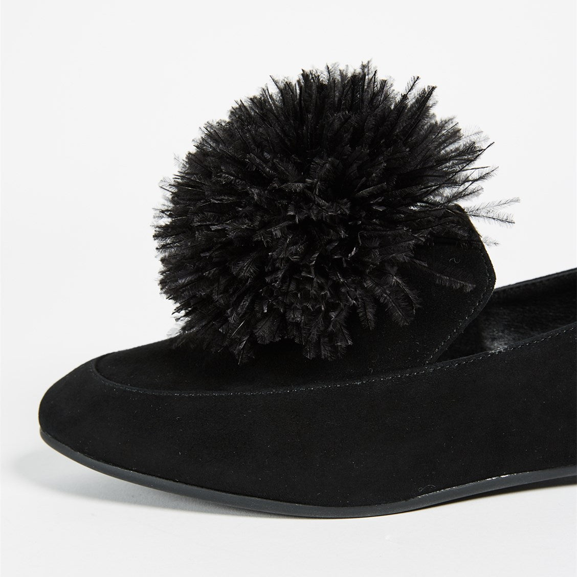 Black Vegan Suede Round Toe Pom Pom Flats Loafer Shoes Women