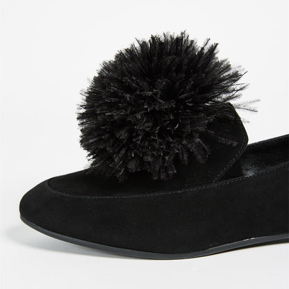 Black Vegan Suede Round Toe Pom Pom Flats Loafer Shoes Women