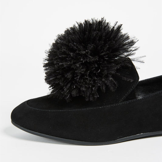 Black Vegan Suede Round Toe Pom Pom Flats Loafer Shoes Women