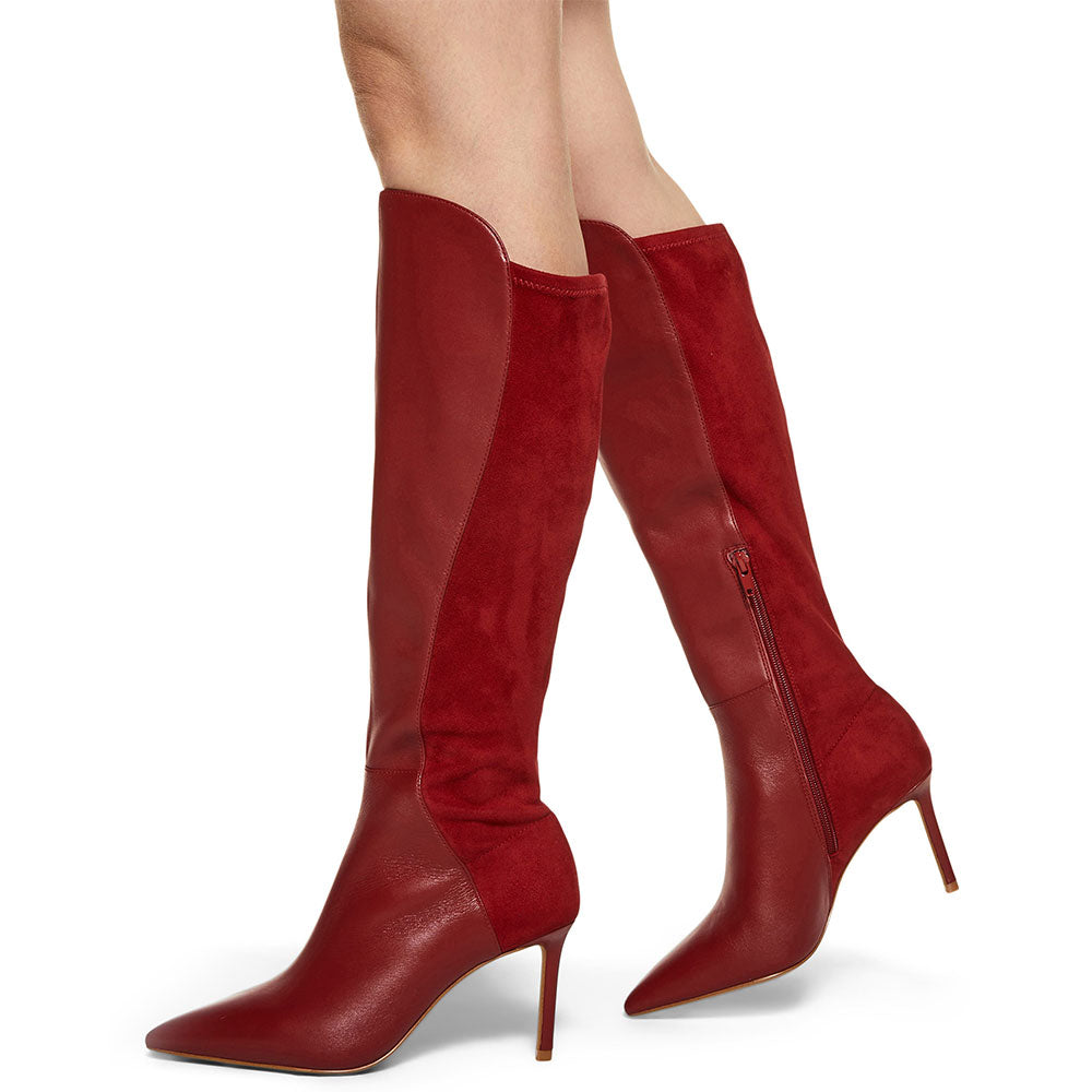 Maroon & Red Pointy Toe Stiletto Heel Knee High Boots with Zipper
