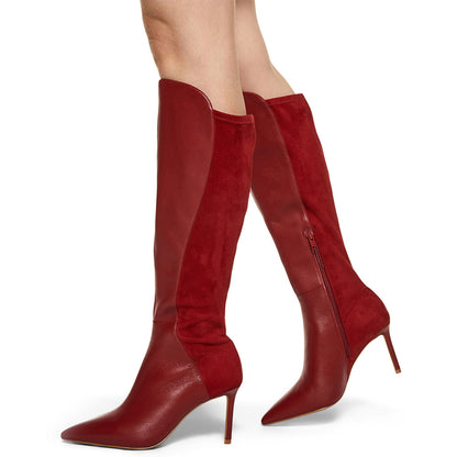 Maroon & Red Pointy Toe Stiletto Heel Knee High Boots with Zipper