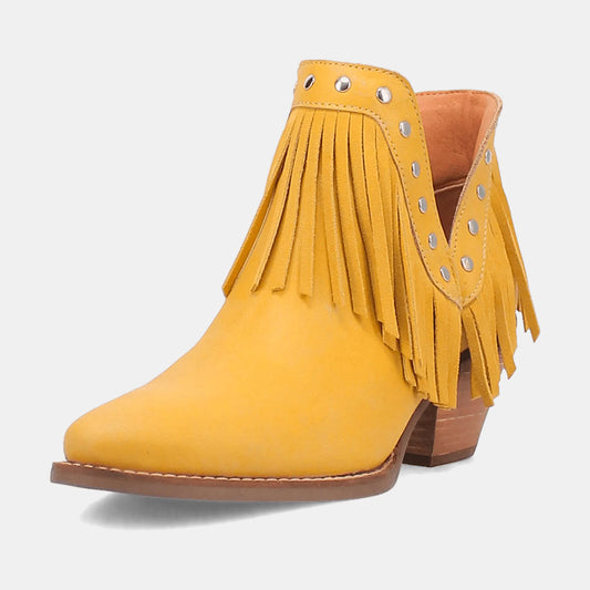 Yellow Fringe Snip Toe Studded Chunky Heel Short Boots for Women