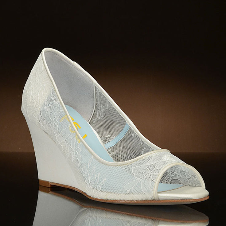 Women's Elegant White Lace Wedding Shoes Peep Toe Wedge Pumps