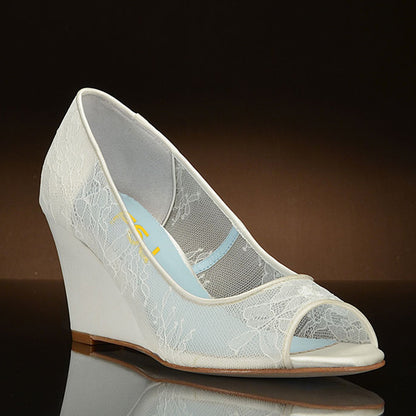 Women's Elegant White Lace Wedding Shoes Peep Toe Wedge Pumps