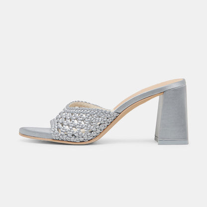 Chic Gray Woven Detail Open Round Toe Mule Block Heel Sandals