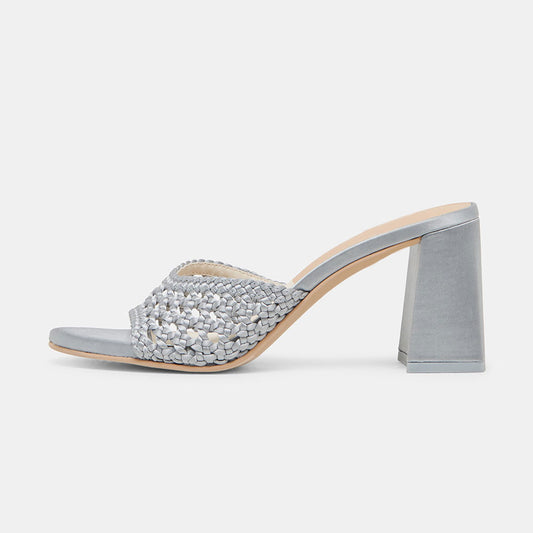 Chic Gray Woven Detail Open Round Toe Mule Block Heel Sandals