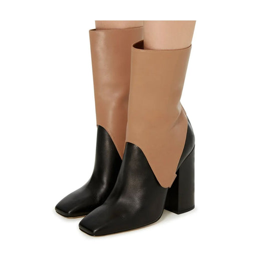 Black and Tan Saddle Style Mid Calf Boots with Block Heels