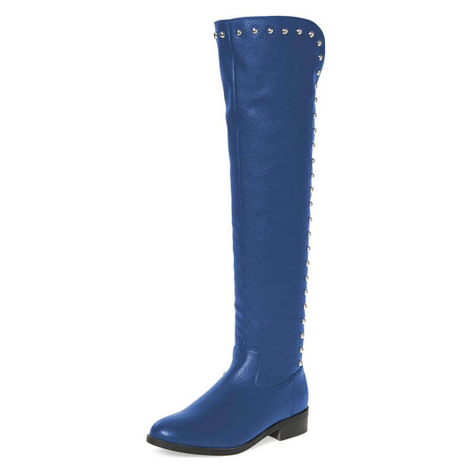 Blue Round Toe Zipper Low Heel Knee High Boots with Stud Decor