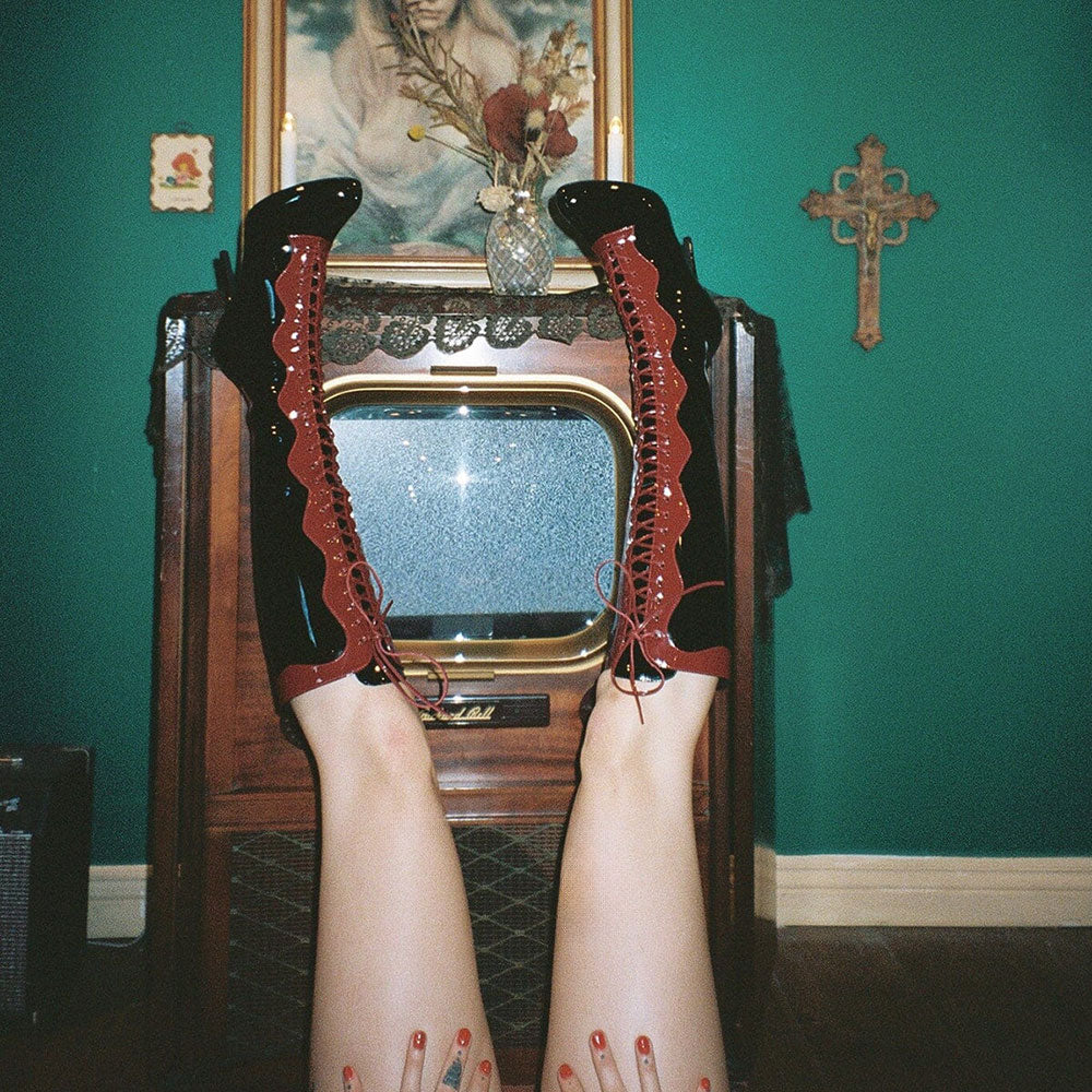 Black & Red Patent Leather Lace-Up Stiletto Heel Knee High Boots