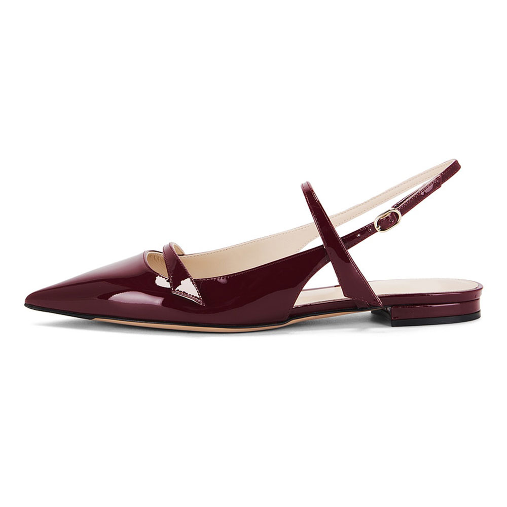 Sleek Maroon Patent Leather Pointed Toe Buckled Slingback Flats