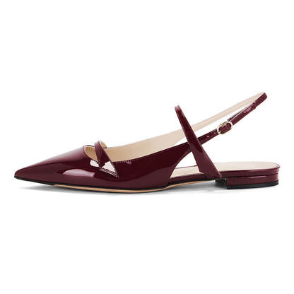 Sleek Maroon Patent Leather Pointed Toe Buckled Slingback Flats