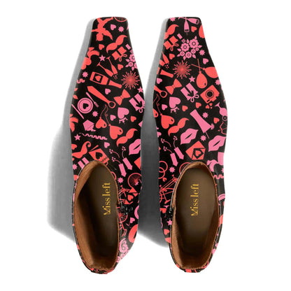 Black & Pink Decorative Printed Square Toe Ankle Boots with Zipper