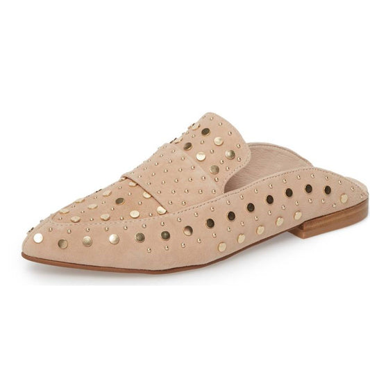 Nude Vegan Suede Pointed Toe Studded Flat Mule Loafers
