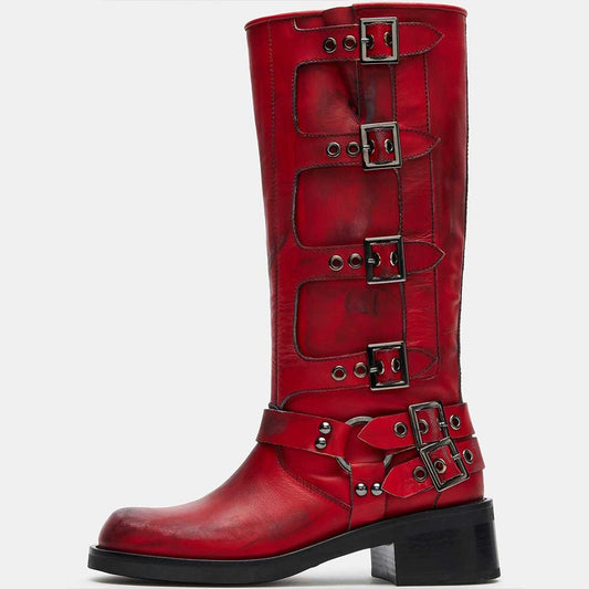 Maroon Distressed Round Toe Chunky Heel Buckled Knee High Boots