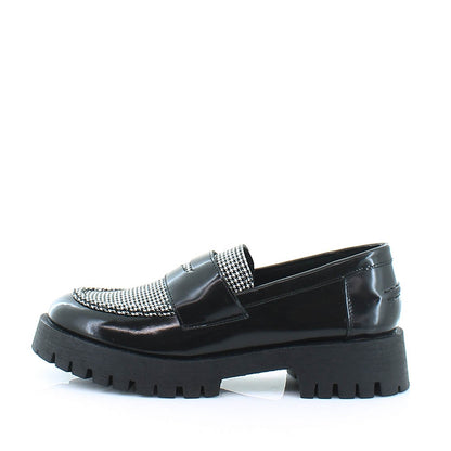 Black Patent Leather Houndstooth Round Toe Vintage Chunky Loafers