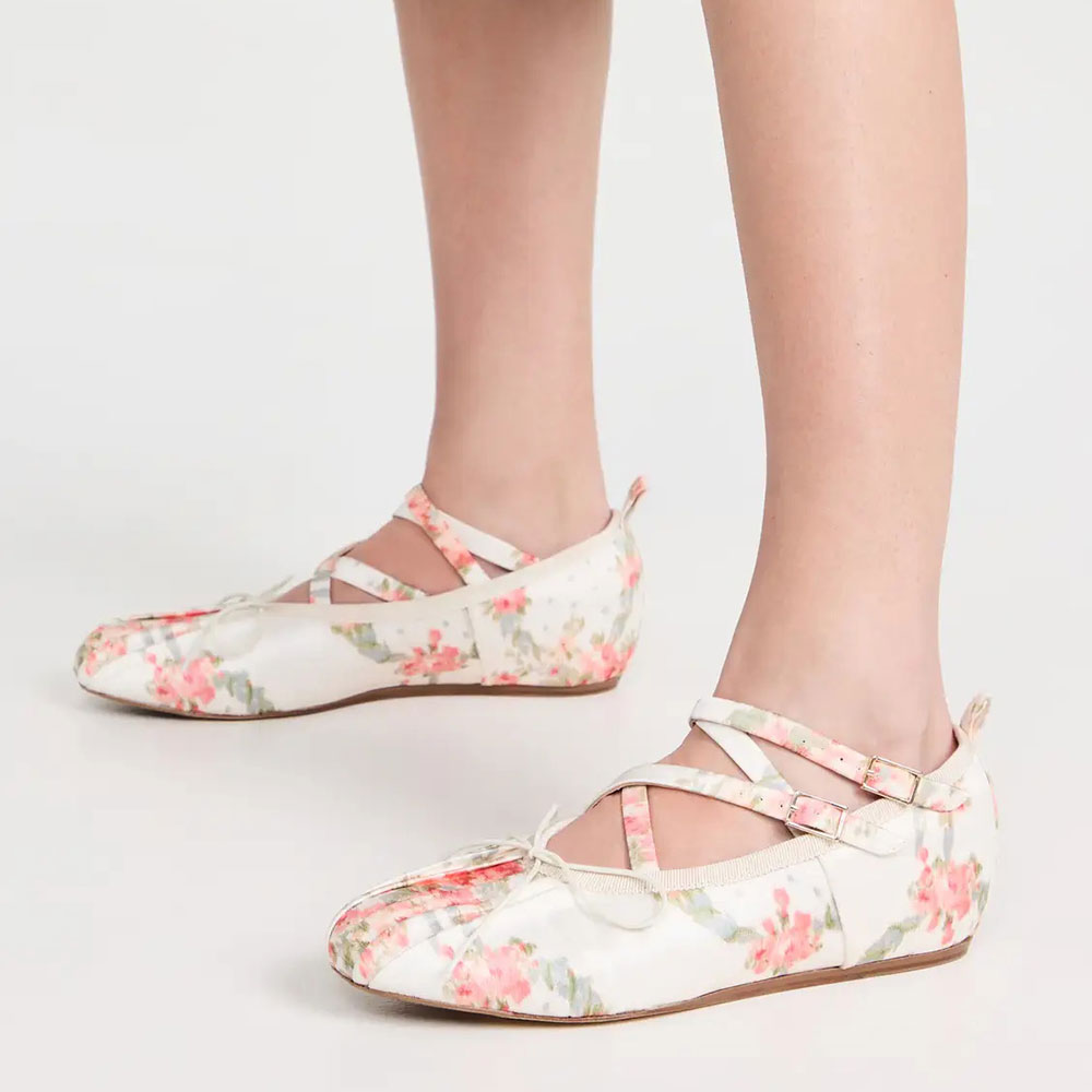 White Floral Print Satin Crisscross Buckled Straps Bow Ballet Flats