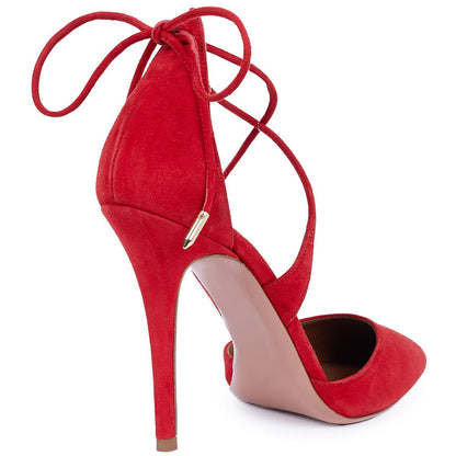 Red Pointed Toe Crisscross Straps Rear Lace Up Pumps Heels for Women