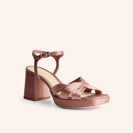 Pink Satin Block Heels Square Toe Ruched Upper Platform Sandals