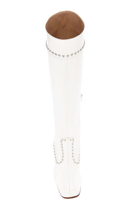 White Patent Leather Studded Knee High Boots with Block Heels