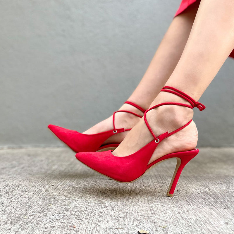 Women's Red Pointed Toe Wrapped Strappy Office Pumps Heels