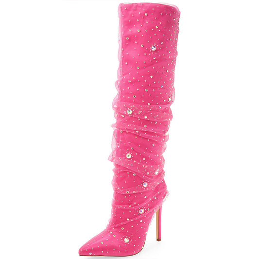 Pink Stiletto Shoes Pointy Toe Ruched Mesh Crystal Knee High Boots