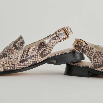 Black & White Snakeskin Chunky Heel Embossed Slingback Loafers