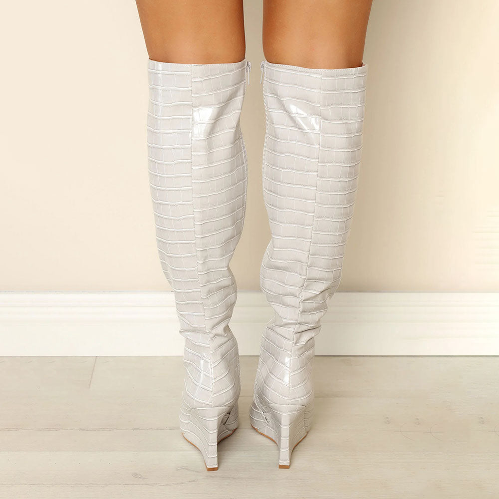 Light Grey Croco Embossed Pointed Toe Knee High Boots with Wedges