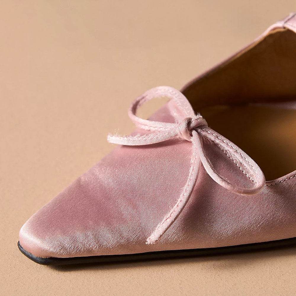Elegant Pink Satin Buckle Strap Slingback Pointed-Toe Flats with Bow