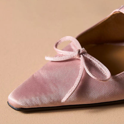 Elegant Pink Satin Buckle Strap Slingback Pointed-Toe Flats with Bow