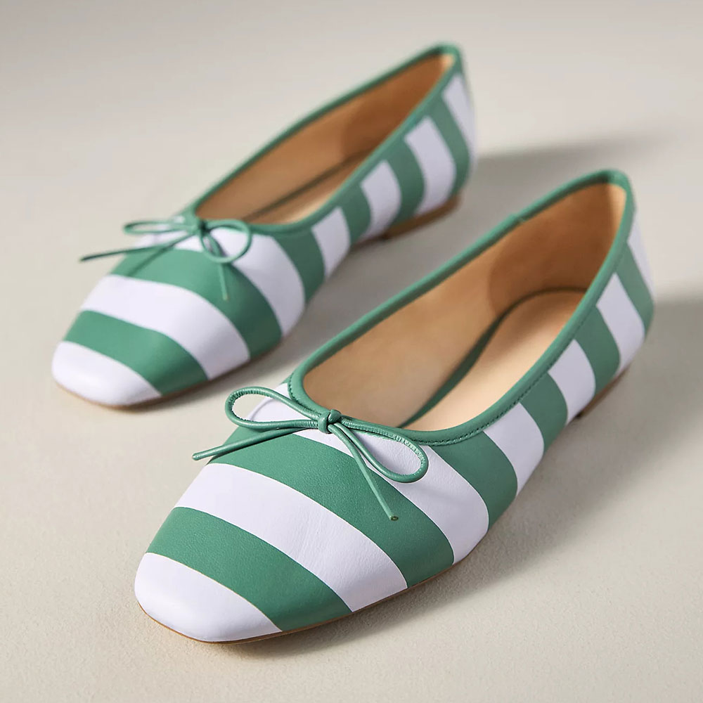 FSJ Chic White & Green Stripe Bow Ballet Flats with Square Toe