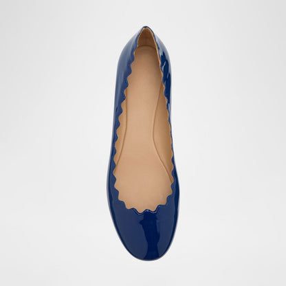 FSJ Simple Navy Patent Leather Round Toe Scalloped Ballet Flats