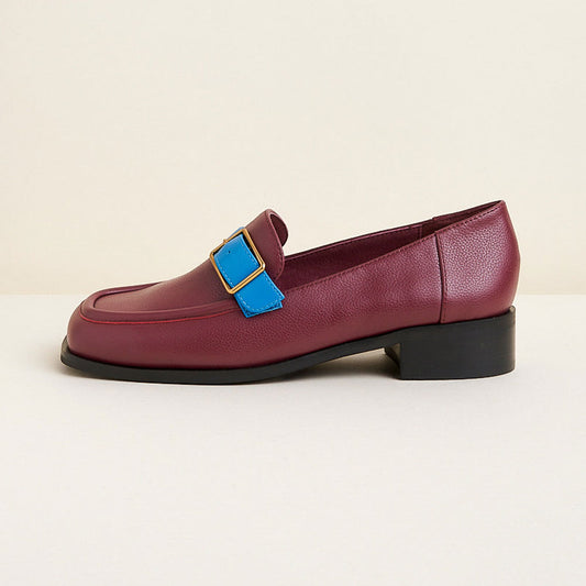 Maroon Square Toe Low Chunky Heel Women's Loafers with Blue Decor