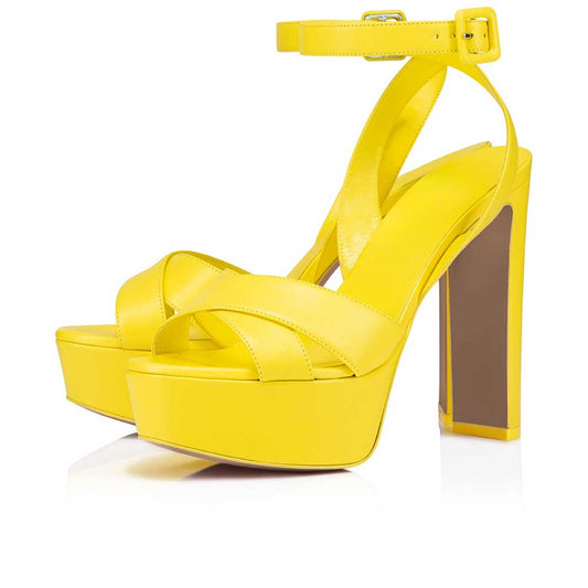 Yellow Round Toe Chunky Heel Buckle Ankle Strap Platform Sandals