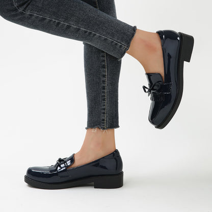 Black Patent Leather Closed Toe Chunky Heel Loafers with Bow