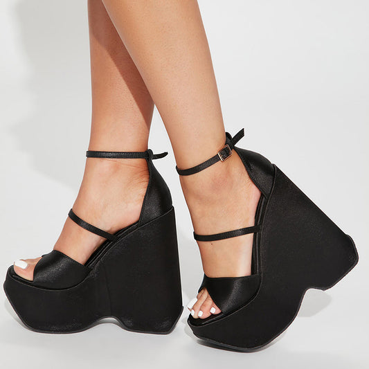 Black Satin Ankle Strap Square Toe Wedge Heel Platform Sandals