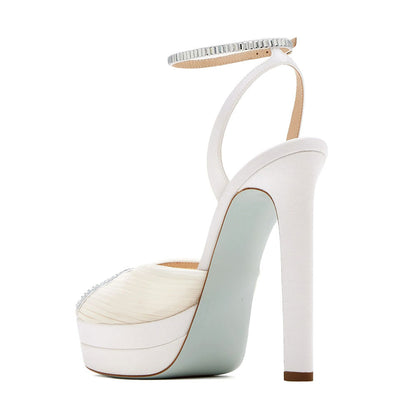 White Pleated Peep Toe Rhinestone Platform High Heels Sandals