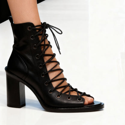 Black Lace Up Summer Booties Peep Toe Chunky Heel Ankle Boots