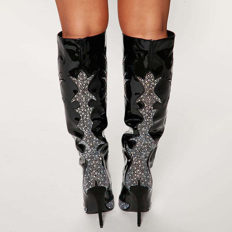 Black Patent Leather Rhinestone Embellished Heeled Knee High Boots