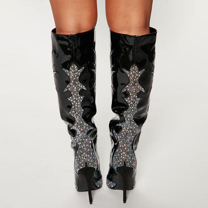 Black Patent Leather Rhinestone Embellished Heeled Knee High Boots