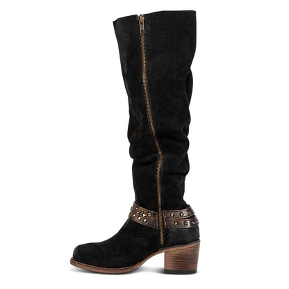 Black Faux Suede Square Toe Chunky Heel Studded Knee High Boots