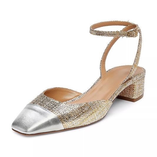 Gold & Silver Square Toe Woven Metallic Finish Women's Pumps Heels